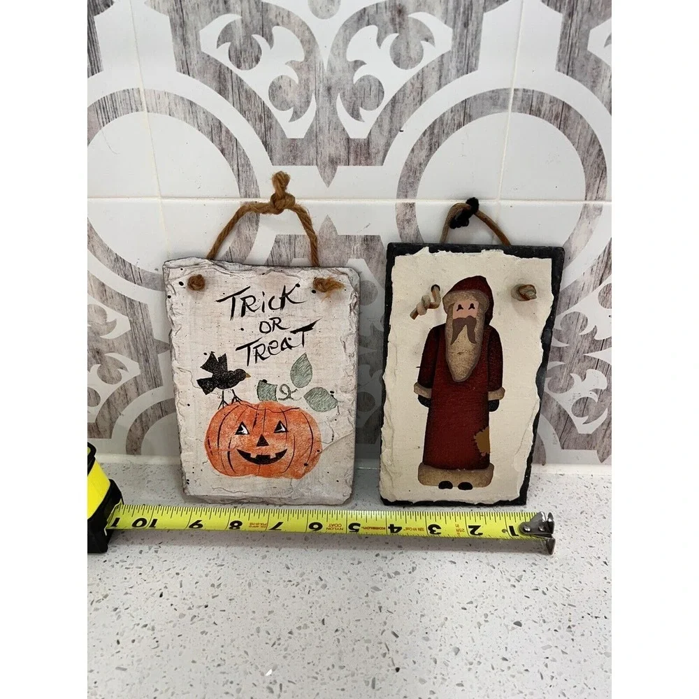 2 Hand Painted Christmas‎ And Halloween Slate Wall Plaque Hanging Country Decor